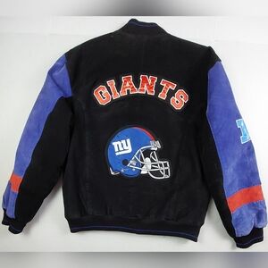 VTG 90s NFL New York Giants Leather Suede Bomber Jacket Medium Black Purple Blue